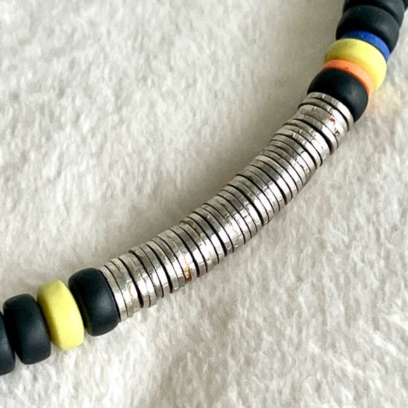 Beaded Necklace/w Black, White, Yellow, Orange, Blue, and Metal Beads - Picture 8 of 13